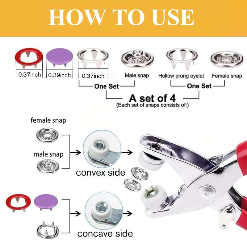 MIFOLEU Snaps for Fabric, MIFOLEU 100 Sets Metal Snaps Buttons with Fastener Pliers Press Tool Kit, Solid Prong Ring Snap Button Fasteners Kit, Perfect for DIY Crafts Clothes Hats and Sewing(9.5mm / 400 PCS) - Image 4